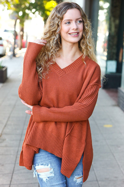 Slouchy Luxe V-Neck Sweater in pumpkin-2024 Blow-Out Sale-Authentically Radd Women's Online Boutique in Endwell, New York