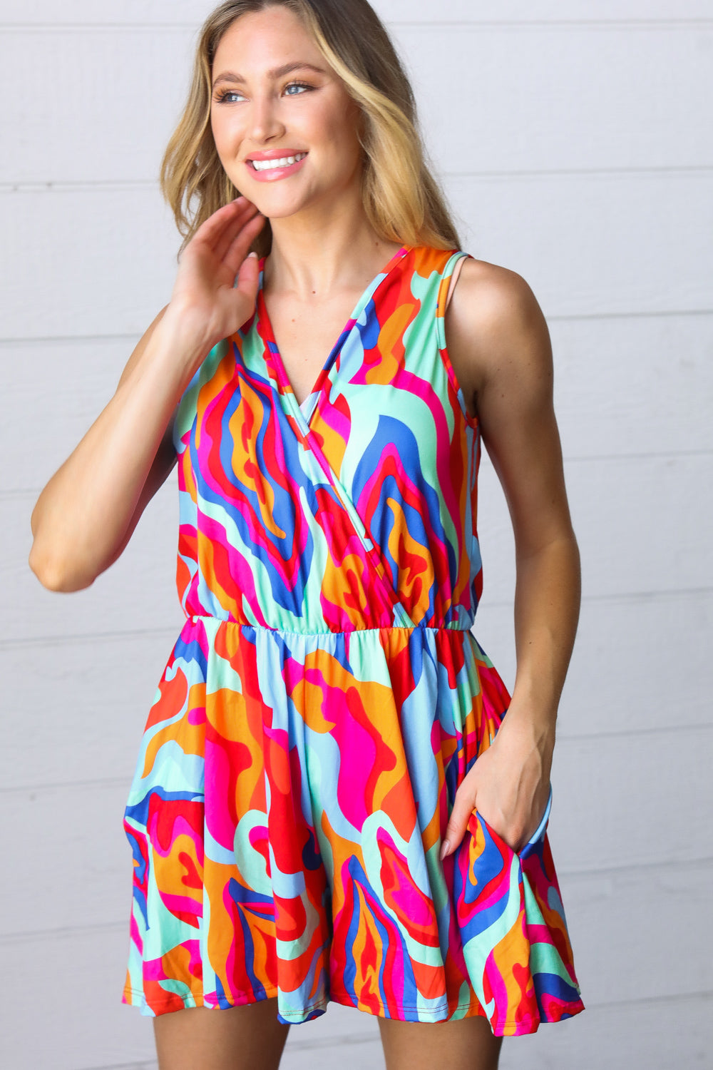Vibrant Multicolor Abstract Sleeveless Surplice Romper-Authentically Radd Women's Online Boutique in Endwell, New York