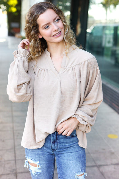 Boho Vibes Taupe Notched Neck Smocked Bubble Sleeve Top-Authentically Radd Women's Online Boutique in Endwell, New York