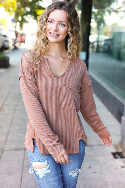 Eyes On You Camel Mineral Wash Rib Notch Neck Pocketed Top-Authentically Radd Women's Online Boutique in Endwell, New York