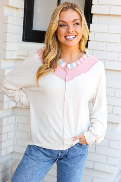 Champagne & Blush Rainbow Stripe Rib Chevron Top-Authentically Radd Women's Online Boutique in Endwell, New York