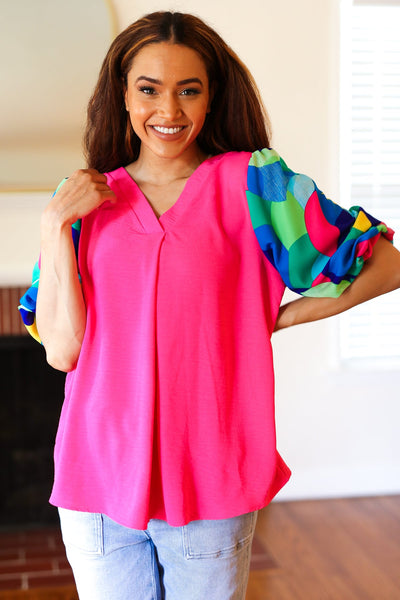 Tell Your Story Fuchsia Geo Print Puff Sleeve V Neck Top-Authentically Radd Women's Online Boutique in Endwell, New York