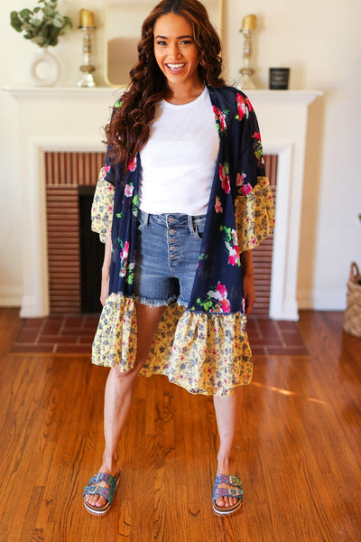 Navy & Yellow Colorblock Floral Chiffon Ruffle Kimono-Authentically Radd Women's Online Boutique in Endwell, New York