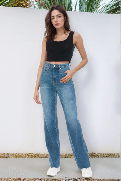 Judy Blue Full Size Tummy Control Cut Raw Hem Straight Jeans-Authentically Radd Women's Online Boutique in Endwell, New York