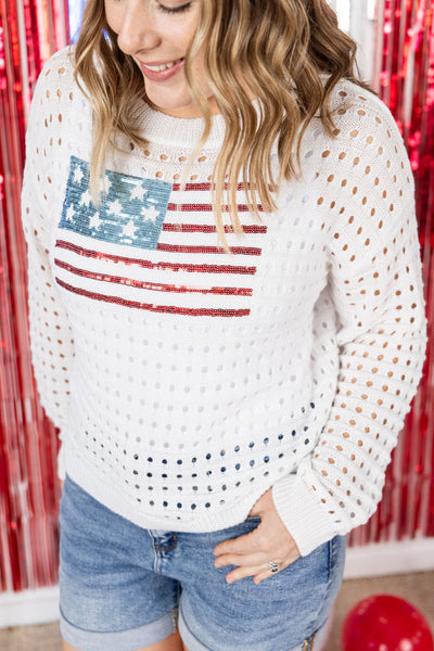 USA Sequin Flag Open Knit Pullover-pullover-Authentically Radd Women's Online Boutique in Endwell, New York