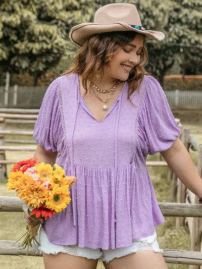 Plus Size Swiss Dot Tie Neck Short Sleeve Blouse-Authentically Radd Women's Online Boutique in Endwell, New York