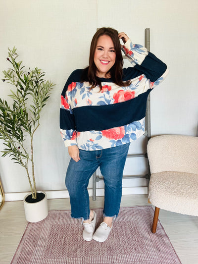 Cottage Roses Colorblock Long Sleeve pullover-Authentically Radd Women's Online Boutique in Endwell, New York