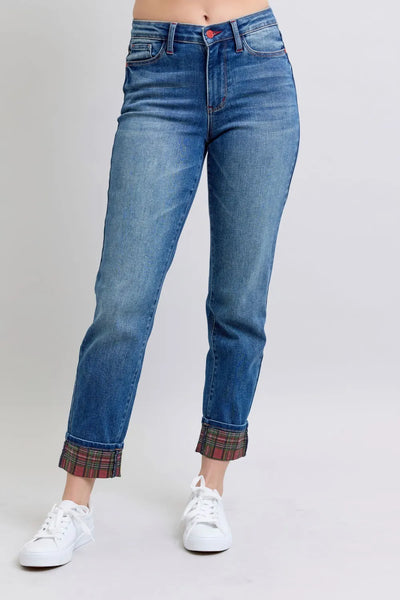 Judy Blue Plaid Print Cuff Straight Leg Jeans-Authentically Radd Women's Online Boutique in Endwell, New York