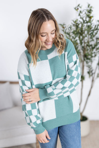 IN STOCK Checkered Pullover Sweater - Dusty Jade-pullover-Authentically Radd Women's Online Boutique in Endwell, New York