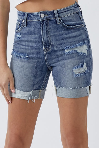 RISEN Distressed Rolled Denim Shorts with Pockets-Authentically Radd Women's Online Boutique in Endwell, New York