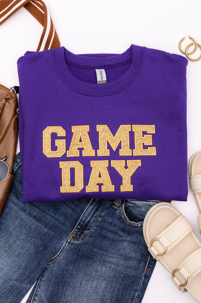 PREORDER: Embroidered Glitter Game Day Sweatshirt in Purple/Old Gold-Womens-Authentically Radd Women's Online Boutique in Endwell, New York