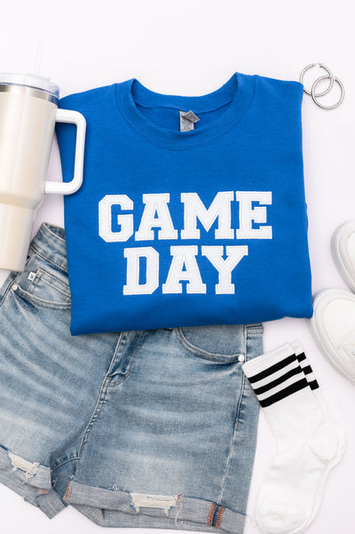 PREORDER: Embroidered Glitter Game Day Sweatshirt in Royal Blue/White-Womens-Authentically Radd Women's Online Boutique in Endwell, New York