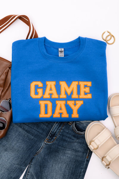 PREORDER: Embroidered Glitter Game Day Sweatshirt in Royal Blue/Orange-Womens-Authentically Radd Women's Online Boutique in Endwell, New York