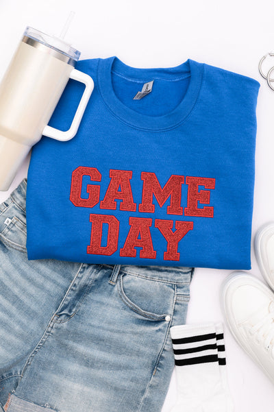 PREORDER: Embroidered Glitter Game Day Sweatshirt in Royal Blue/Red-Womens-Authentically Radd Women's Online Boutique in Endwell, New York