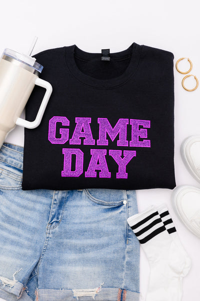 PREORDER: Embroidered Glitter Game Day Sweatshirt in Black/Purple-Womens-Authentically Radd Women's Online Boutique in Endwell, New York