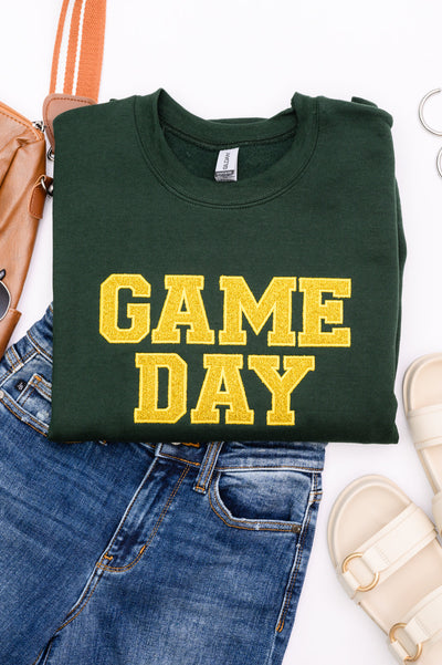 PREORDER: Embroidered Glitter Game Day Sweatshirt in Forest Green/Golden Yellow-Womens-Authentically Radd Women's Online Boutique in Endwell, New York