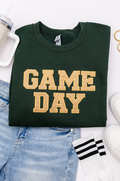 PREORDER: Embroidered Glitter Game Day Sweatshirt in Forest Green/Old Gold-Womens-Authentically Radd Women's Online Boutique in Endwell, New York