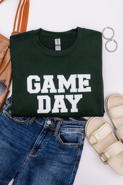 PREORDER: Embroidered Glitter Game Day Sweatshirt in Forest Green/White-Womens-Authentically Radd Women's Online Boutique in Endwell, New York