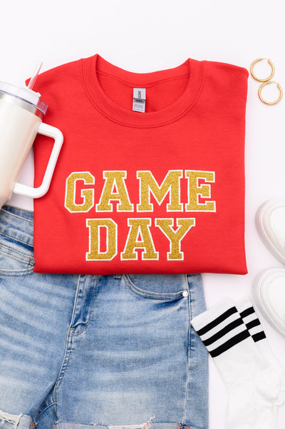 PREORDER: Embroidered Glitter Game Day Sweatshirt in Red/Golden Yellow-Womens-Authentically Radd Women's Online Boutique in Endwell, New York