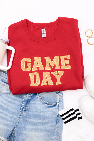 PREORDER: Embroidered Glitter Game Day Sweatshirt in Red/Old Gold-Womens-Authentically Radd Women's Online Boutique in Endwell, New York