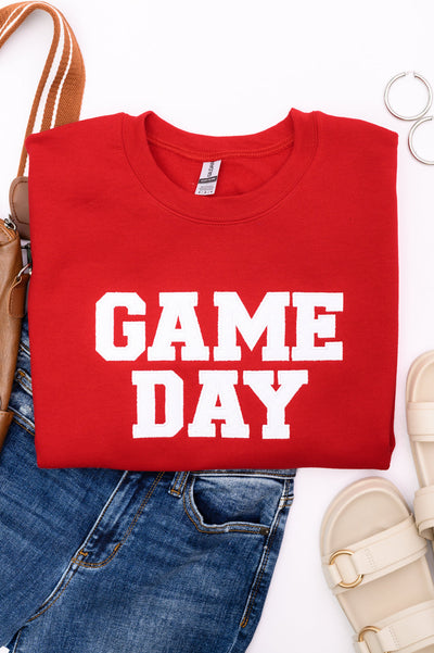 PREORDER: Embroidered Glitter Game Day Sweatshirt in Red/White-Womens-Authentically Radd Women's Online Boutique in Endwell, New York