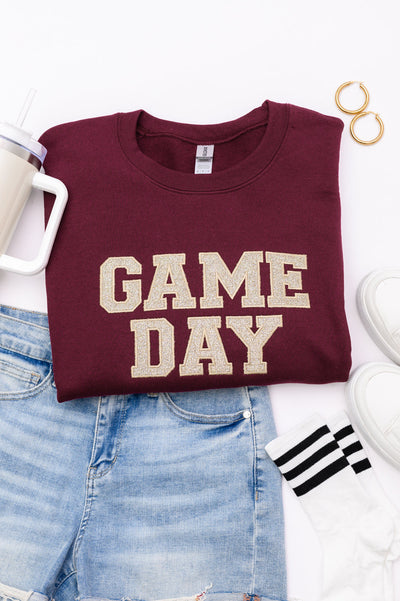 PREORDER: Embroidered Glitter Game Day Sweatshirt in Garnet/Champagne Gold-Womens-Authentically Radd Women's Online Boutique in Endwell, New York