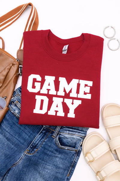 PREORDER: Embroidered Glitter Game Day Sweatshirt in Crimson/White-Womens-Authentically Radd Women's Online Boutique in Endwell, New York