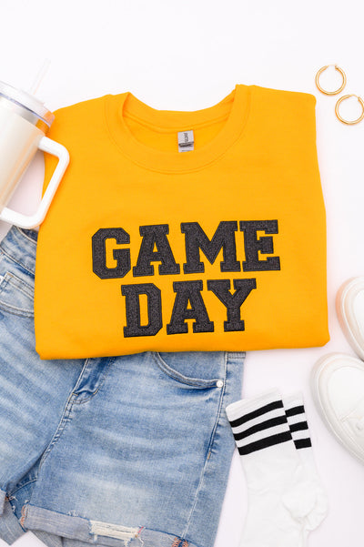 PREORDER: Embroidered Glitter Game Day Sweatshirt in Gold/Black-Womens-Authentically Radd Women's Online Boutique in Endwell, New York