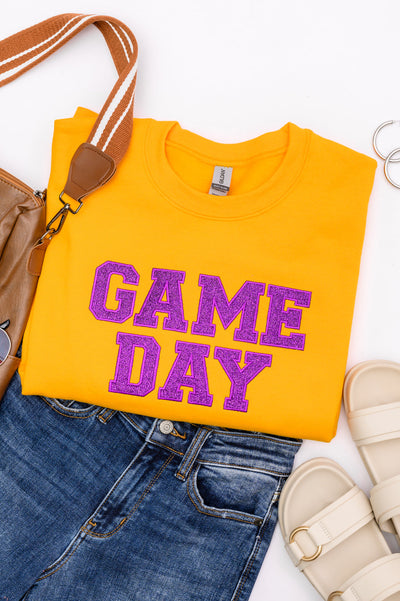 PREORDER: Embroidered Glitter Game Day Sweatshirt in Gold/Purple-Womens-Authentically Radd Women's Online Boutique in Endwell, New York