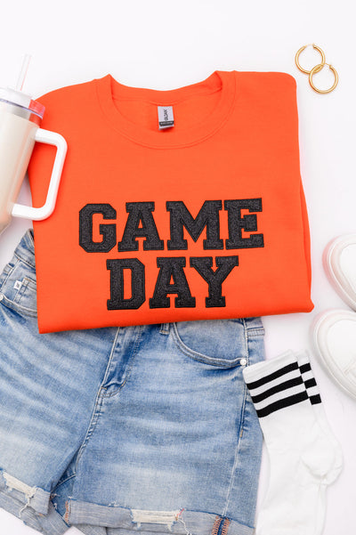 PREORDER: Embroidered Glitter Game Day Sweatshirt in Orange/Black-Womens-Authentically Radd Women's Online Boutique in Endwell, New York