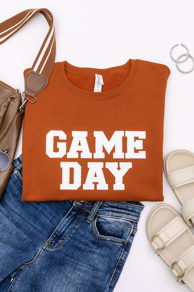 PREORDER: Embroidered Glitter Game Day Sweatshirt in Burnt Orange/White-Womens-Authentically Radd Women's Online Boutique in Endwell, New York