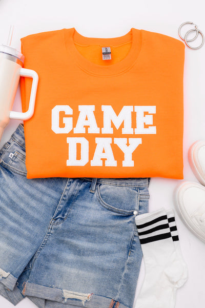 PREORDER: Embroidered Glitter Game Day Sweatshirt in Bright Orange/White-Womens-Authentically Radd Women's Online Boutique in Endwell, New York