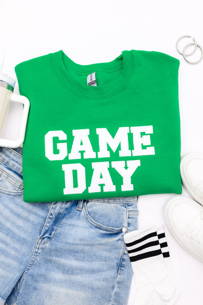 PREORDER: Embroidered Glitter Game Day Sweatshirt in Kelly Green/White-Womens-Authentically Radd Women's Online Boutique in Endwell, New York