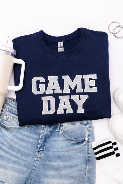 PREORDER: Embroidered Glitter Game Day Sweatshirt in Navy/Silver-Womens-Authentically Radd Women's Online Boutique in Endwell, New York