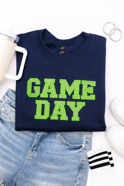 PREORDER: Embroidered Glitter Game Day Sweatshirt in Navy/Green-Womens-Authentically Radd Women's Online Boutique in Endwell, New York