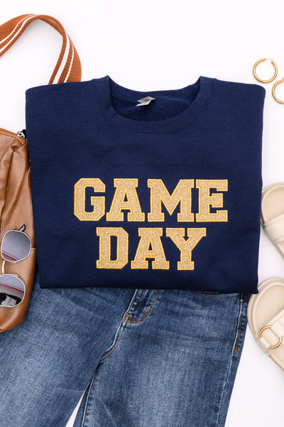 PREORDER: Embroidered Glitter Game Day Sweatshirt in Navy/Old Gold-Womens-Authentically Radd Women's Online Boutique in Endwell, New York