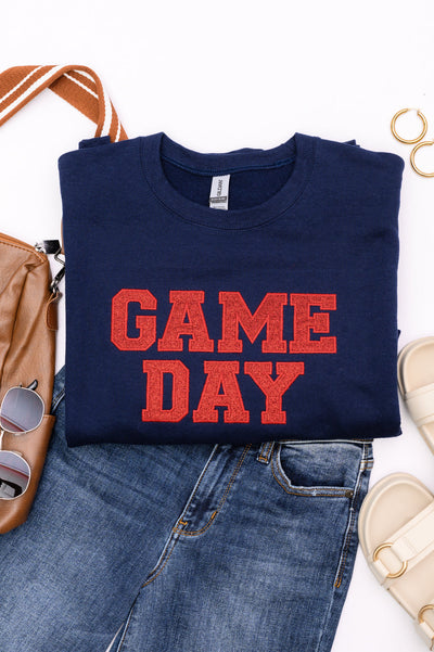 PREORDER: Embroidered Glitter Game Day Sweatshirt in Navy/Red-Womens-Authentically Radd Women's Online Boutique in Endwell, New York