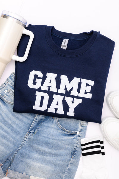 PREORDER: Embroidered Glitter Game Day Sweatshirt in Navy/White-Womens-Authentically Radd Women's Online Boutique in Endwell, New York