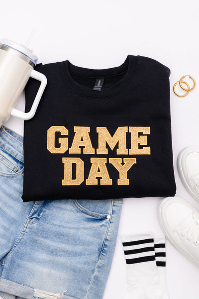 PREORDER: Embroidered Glitter Game Day Sweatshirt in Black/Old Gold-Womens-Authentically Radd Women's Online Boutique in Endwell, New York