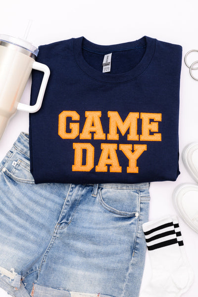 PREORDER: Embroidered Glitter Game Day Sweatshirt in Navy/Orange-Womens-Authentically Radd Women's Online Boutique in Endwell, New York