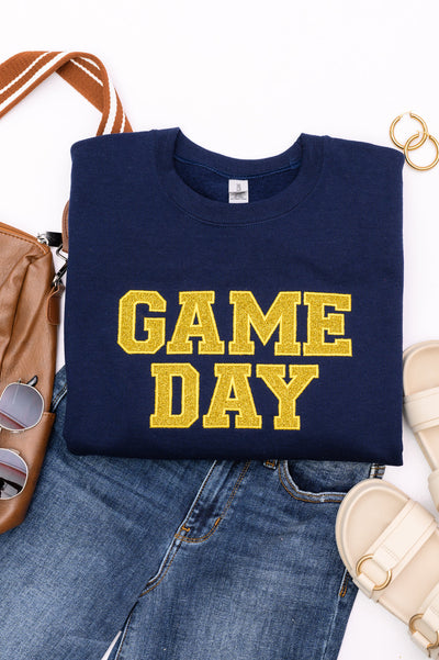 PREORDER: Embroidered Glitter Game Day Sweatshirt in Navy/Golden Yellow-Womens-Authentically Radd Women's Online Boutique in Endwell, New York