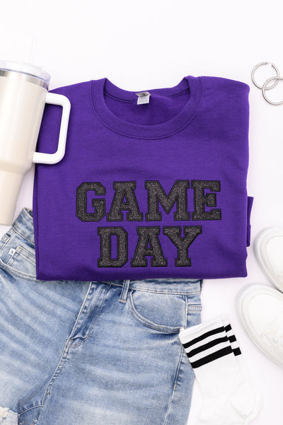 PREORDER: Embroidered Glitter Game Day Sweatshirt in Purple/Black-Womens-Authentically Radd Women's Online Boutique in Endwell, New York