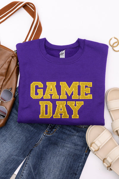 PREORDER: Embroidered Glitter Game Day Sweatshirt in Purple/Golden Yellow-Womens-Authentically Radd Women's Online Boutique in Endwell, New York