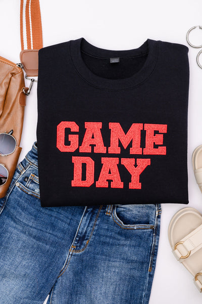 PREORDER: Embroidered Glitter Game Day Sweatshirt in Black/Red-Womens-Authentically Radd Women's Online Boutique in Endwell, New York