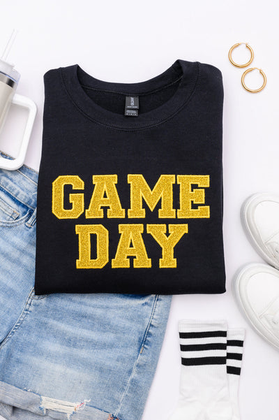 PREORDER: Embroidered Glitter Game Day Sweatshirt in Black/Golden Yellow-Womens-Authentically Radd Women's Online Boutique in Endwell, New York