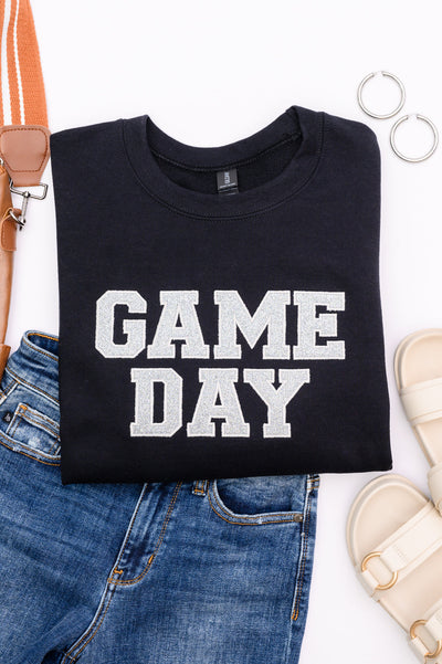 PREORDER: Embroidered Glitter Game Day Sweatshirt in Black/Silver-Womens-Authentically Radd Women's Online Boutique in Endwell, New York