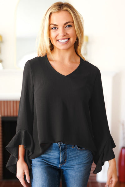 Falling In Love Black Hi-Lo Ruffle Sleeve Woven Top-Authentically Radd Women's Online Boutique in Endwell, New York