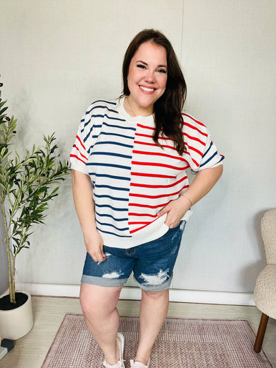 Patriotic Red & Blue Stripe Oversize Sweater Tee-Authentically Radd Women's Online Boutique in Endwell, New York