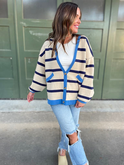 PREORDER: Contrast Trim Cardigan in Navy Stripe-Womens-Authentically Radd Women's Online Boutique in Endwell, New York