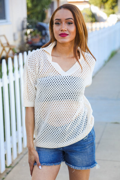 Can't Look Away Oatmeal Crochet V Neck Collared Top-07-01-25 Summer Sale-Authentically Radd Women's Online Boutique in Endwell, New York